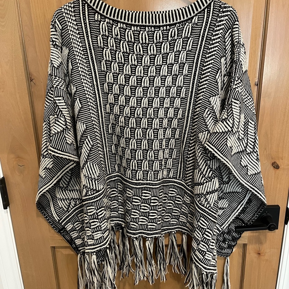 World Market Black and White Patterned Poncho with Fringe